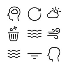 Mental Clarity Icons. Outline icon set of mental clarity: clear mind, reset symbol, fresh thought, declutter icon, wave flow, soft