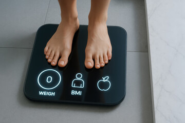 Person Standing On Digital Scale With Display In Modern Bathroom