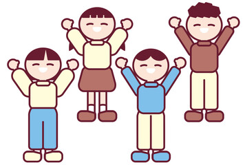 手を挙げて笑顔でポーズをとる子供達