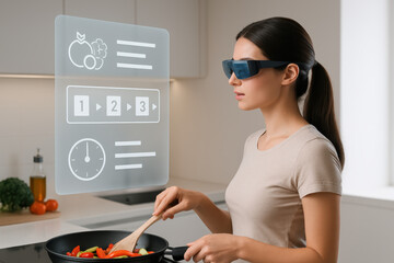 Person Prepares Vegetables In A Modern Kitchen Using Augmented Reality Glasses