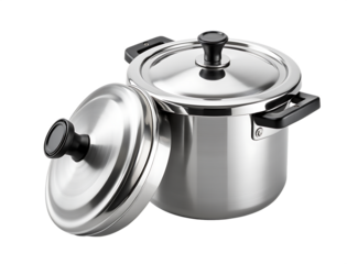 Polished Metal Pot With Black Handles And Lid isolated on a transparent background stainless steel
