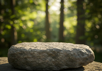 Obraz premium Serene Stone Product Display: Rustic Rock Surface in Sun-Dappled Forest Setting