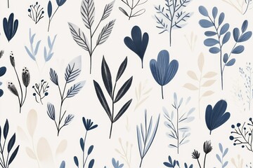 Minimalist botanical pattern with blue and beige leaves