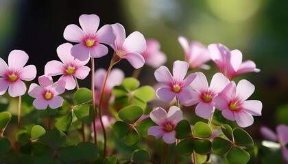 Naklejka premium oxalis corymbosa flowers bloom in clusters their soft pink hues glowing amid lush foliage a common yet striking wildflower thriving outdoors in springtime light