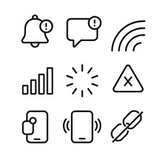 Digital Signal Icons. Outline icon set of digital signal indicators: notification bell, message alert, network status, signal