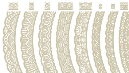 Eight light brown lace trims adorned with geometric motifs, arranged asymmetrically for a modern touch.