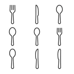 Dinner Utensils Icons. Outline icon set of dinner table utensils: fork, knife, spoon, soup spoon, dessert spoon, salad fork,