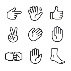 Fototapeta premium Directional Gesture Icons. Outline icon set of directional gestures: pointing finger, hand wave, thumbs up, peace sign, beckoning