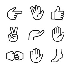 Directional Gesture Icons. Outline icon set of directional gestures: pointing finger, hand wave, thumbs up, peace sign, beckoning