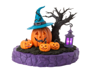 Spooky Halloween pumpkin display with witch hat and lanterns isolated on transparent background