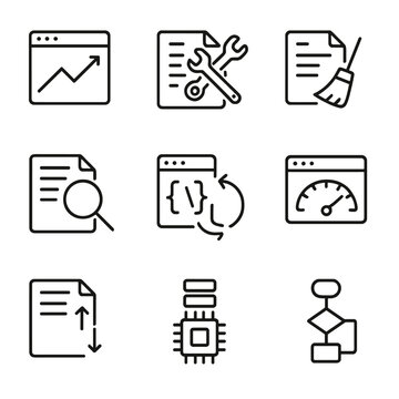 Code Optimization Icons. Outline icon set of code optimization: performance graph, refactoring, code cleanup, profiling, caching,