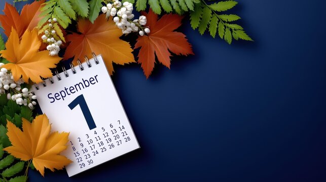 September 1 calendar page surrounded by colorful autumn leaves on a blue background with copy space, symbolizing the beginning of fall and back to school season