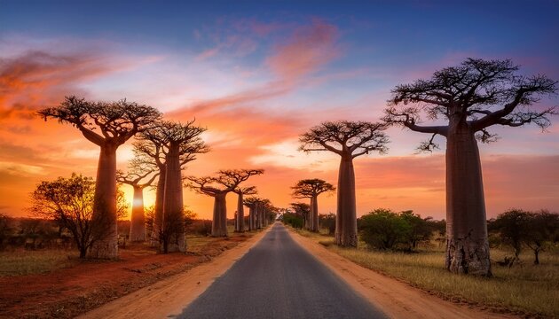 a road lined with baobab trees at sunset with a vibrant orange and red sky creating a scenic landscape