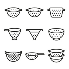 Fototapeta premium Colander Icon Set. Outline icon set of colander shapes: round colander, oval colander, square colander, cone colander, funnel