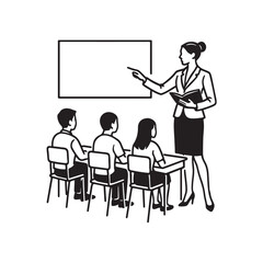 A cartoon vector illustration of a teacher teaching in a classroom with a cheerful and interactive atmosphere. Suitable for educational projects, learning materials, school presentations, and learning