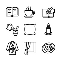 Morning Ritual Icons. Outline icon set of quiet morning activities: reading book, sipping tea, journaling, watering plant, soft