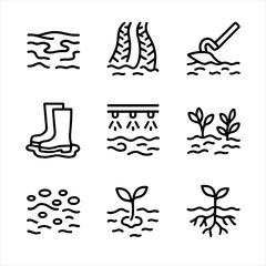 Mud Agriculture Icons. Outline icon set of mud in agriculture: muddy field, tractor tracks, plowing mud, muddy boots, irrigation,
