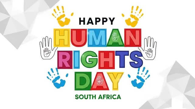 Happy Human Rights Day in South Africa. A colorful vector illustration with typography and handprints for a national holiday celebration.