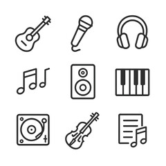 Obraz premium Music Icons Collection. Outline icon set of solo music performance: guitar, microphone, headphones, music notes, speaker, piano