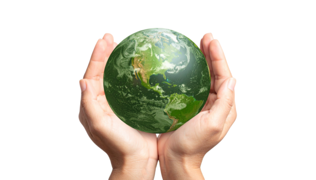 Hands hold a green and vibrant globe isolated on transparent background