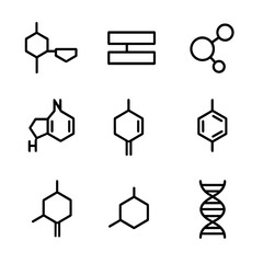 DNA Structure Icons. Outline icon set of DNA structure elements: nucleotide, base pair, phosphate backbone, adenine, thymine,