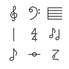 Musical Notation Icons. Outline icon set of musical notation: treble clef, bass clef, staff, bar line, time signature, notes,
