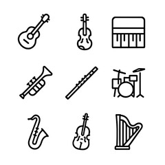 Musical Instrument Icons. Outline icon set of musical instruments tuning: guitar, violin, piano, trumpet, flute, drum kit,