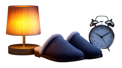 Men? slippers beside alarm clock and night lamp, morning routine setup, isolated,