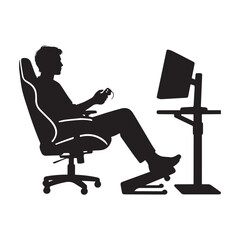  A black and white silhouette illustration of a person sitting in a gaming chair with their feet propped up on a footrest, holding a gaming controller. 