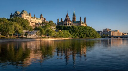 Naklejka premium Historic buildings and lush trees along a calm river under a bright, cloudless, clear sky