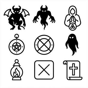 Mythical Demon Icons. Outline icon set of mythological night demons: incubus silhouette, shadow fiend outline, chanting sigil,