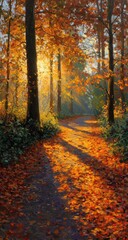 Obraz premium Autumnal forest path bathed in golden light
