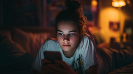 Teen scrolling social media feed with empty, hollow expression, dim room lit by phone glow, digital loneliness, cinematic, emotional depth 