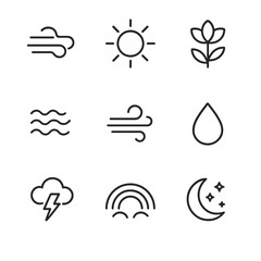 Nature and Magic Icons. Outline icon set of nymph natural phenomena: mist, sunlight rays, blooming flower, flowing water, breeze,