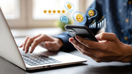 Online reputation management and customer feedback analysis improving business growth using modern technology and mobile application on a laptop computer