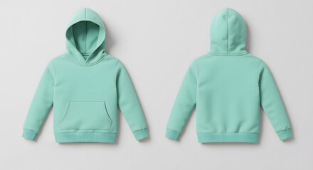 Front and back view of a mint green kids hoodie mockup, designed for children aged 6–10. Perfect for showcasing apparel design in a clean, isolated studio setting.