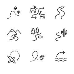 Naklejka premium Nature Path Icons. Outline icon set of nature and wildlife paths: animal trail, migration route, river flow, mountain pass, forest
