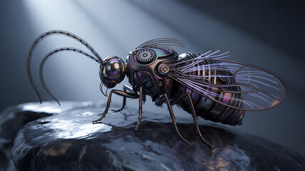 Steampunk insect with intricate mechanical wings and body on a textured surface
