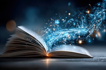 Magic sparkles arise from an open book in a dark, enchanted atmosphere at night