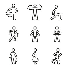 Dynamic Stretches Icons. Outline icon set of dynamic stretches: leg swings, arm circles, walking lunges, high knees, butt kicks,