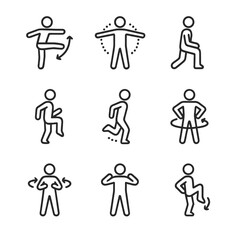 Dynamic Stretches Icons. Outline icon set of dynamic stretches: leg swings, arm circles, walking lunges, high knees, butt kicks,