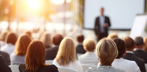 Outdoor conference. Attendees listen to speaker