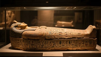Ancient Egyptian sarcophagus displayed in a museum exhibit