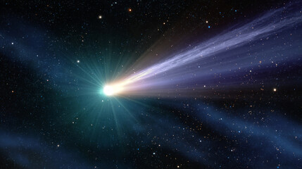 Obraz premium Comet against the background of the planets of the solar system. The bright nucleus of the comet radiates light. Behind the nucleus extends a long and bright tail consisting of gases and dust.