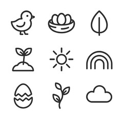 Fototapeta premium New Life Icons. Outline icon set of new life: baby chick, nest, seed pod, baby plant, sunburst, rainbow, egg shell, growing vine,