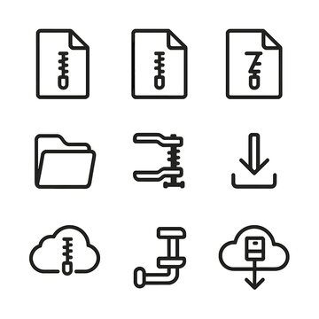 Compression File Icons. Outline icon set of compression file formats: ZIP icon, RAR icon, 7Z icon, TAR icon, GZ icon, file folder,