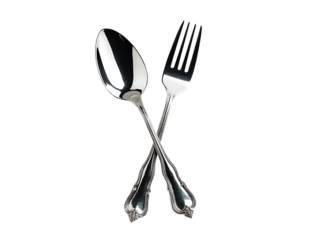 Shiny silver spoon and fork crossed top view isolated on a transparent background cutlery