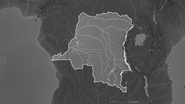 Democratic Republic of the Congo on the map. Zoom and highlight of the area on a grayscale map.
