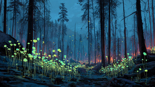 The Circle of Life: Creative Destruction Shown as New, Glowing Growth After a Forest Fire