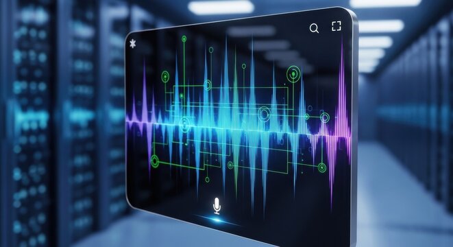 Digital Soundwave Analysis on Tablet in Data Center, Tech Visualization